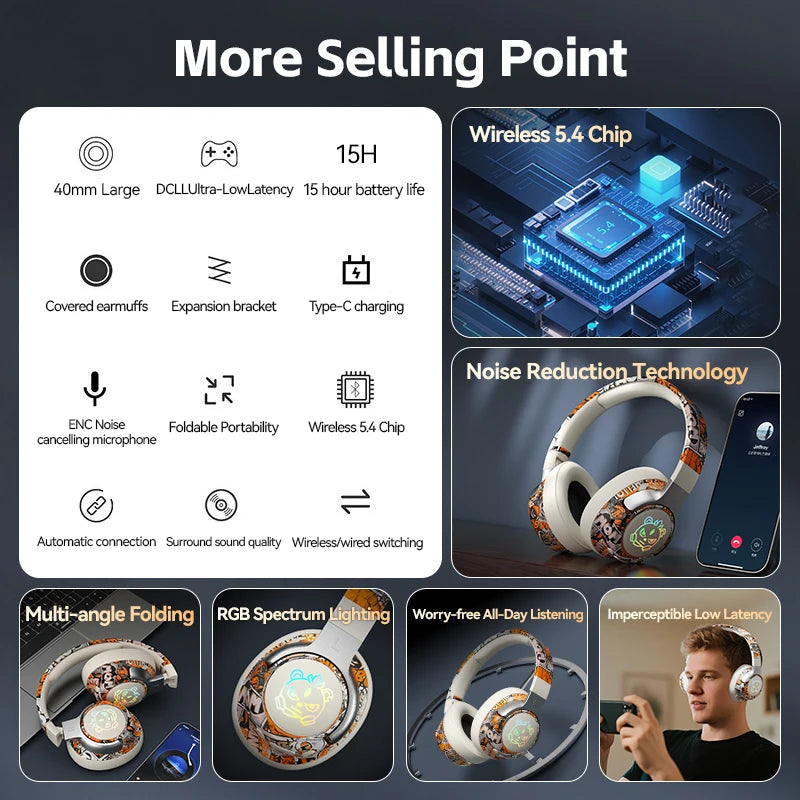 Wireless LED Light-Up Graffiti Style Bluetooth Over-Ear Headphones
