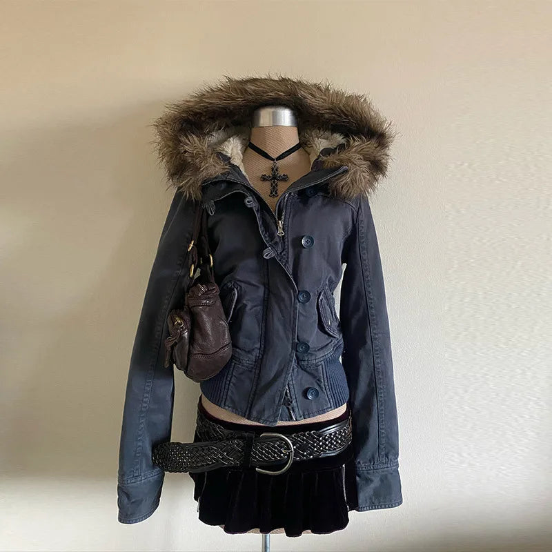Women's Hooded Faux Fur Trim Winter Parka . Warm Padded Coat with Pockets