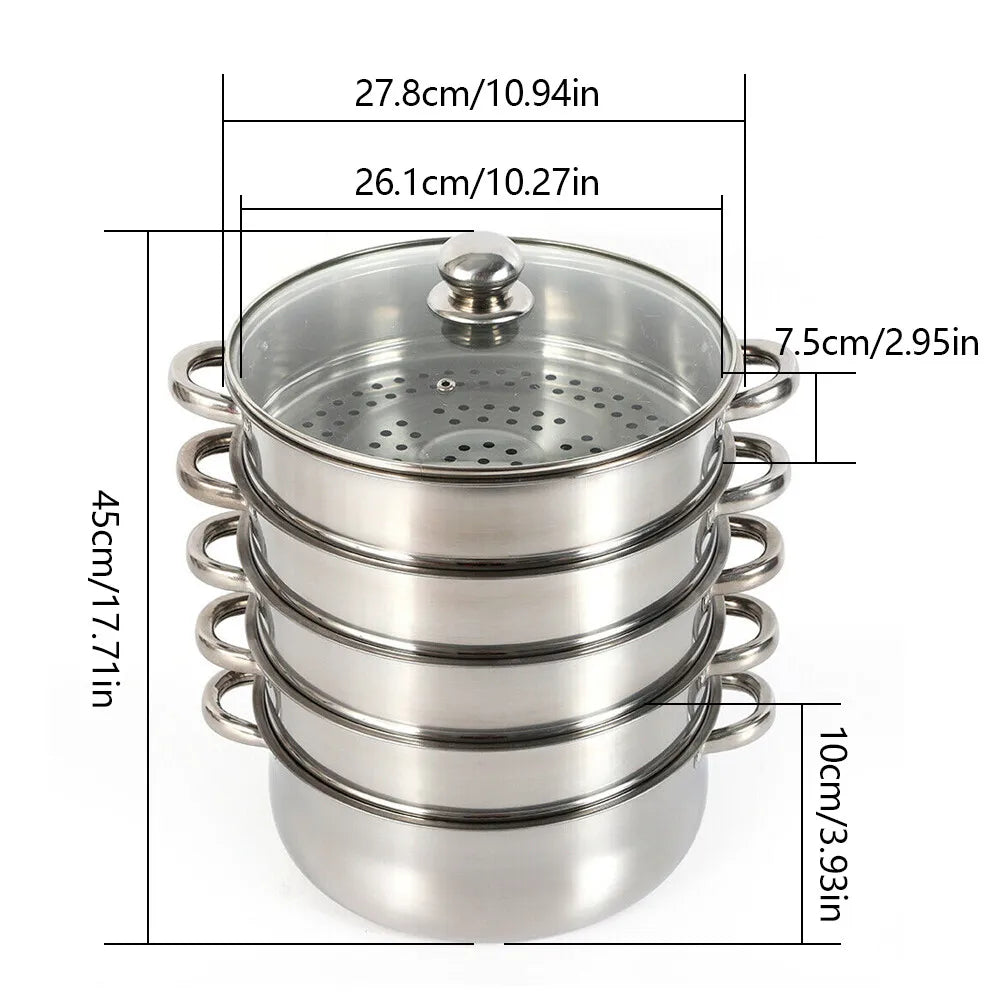 5 Layer Stainless Steel Steam Cooker Steamer Set Pan Cook Pot with Glass Lid