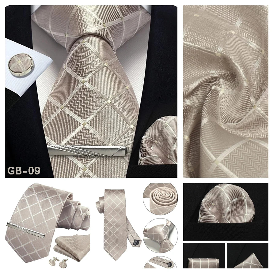 100% Silk Plaid & Checkered Men’s Tie Set with Pocket Square, Tie Clip & Cufflinks. Business & Wedding Necktie Gift Set  Optimized Description