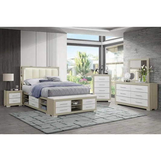 Natural White Full Bedroom Set 5 Pieces - Modern Design for Cozy Spaces, Includes Bed Frame, Nightstands, Dresser and Mirror