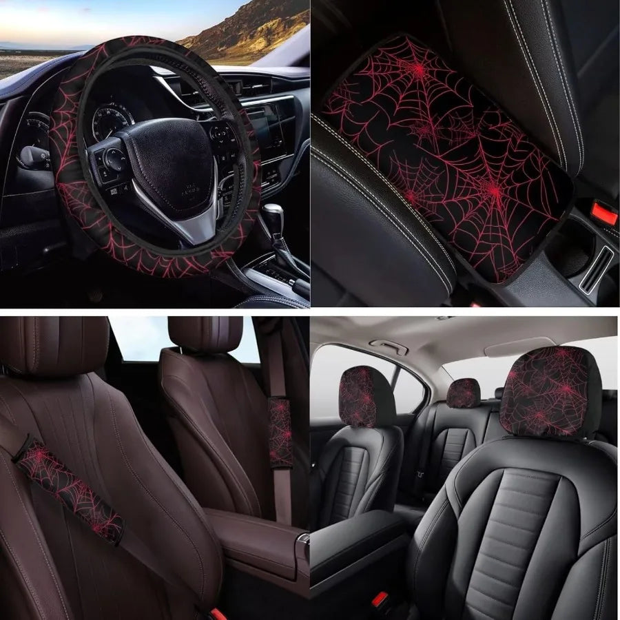 Red Spider Web Car Seat Covers with Steering Wheel Cover Armrest Cushion Seat Belt Covers Cup Holder with Keychain Automotive P