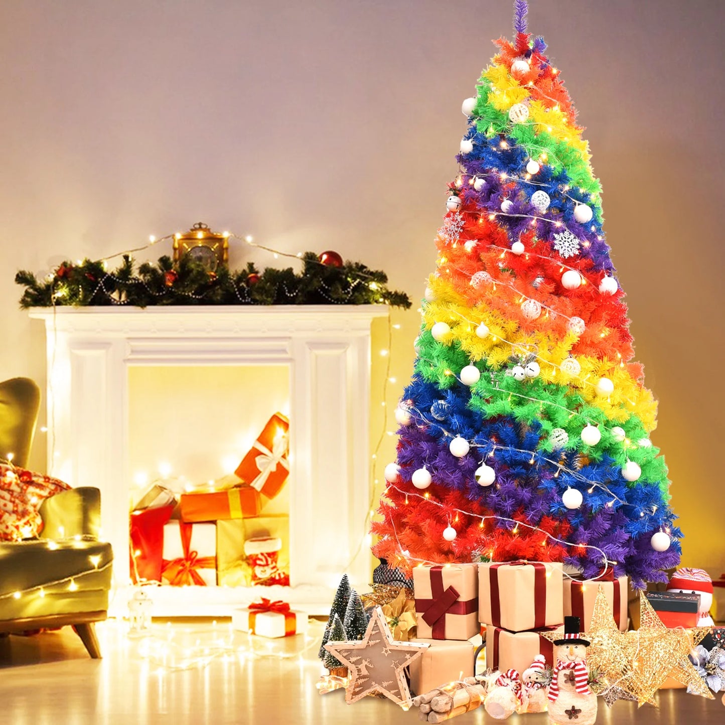 7FT Rainbow Artificial Christmas Tree . Vibrant Full Pine Holiday Tree for Festive Home Décor