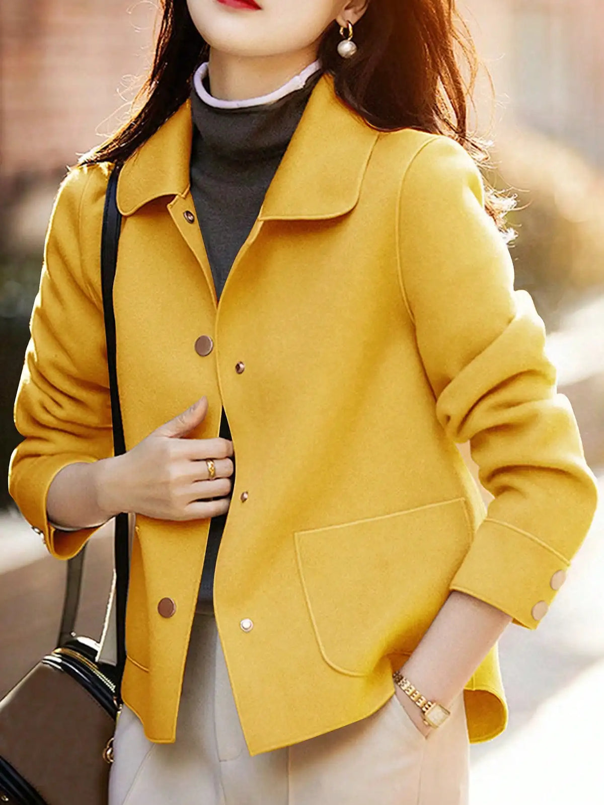Women's Short Woolen Coat. Classic Button-Front Autumn & Winter Jacket