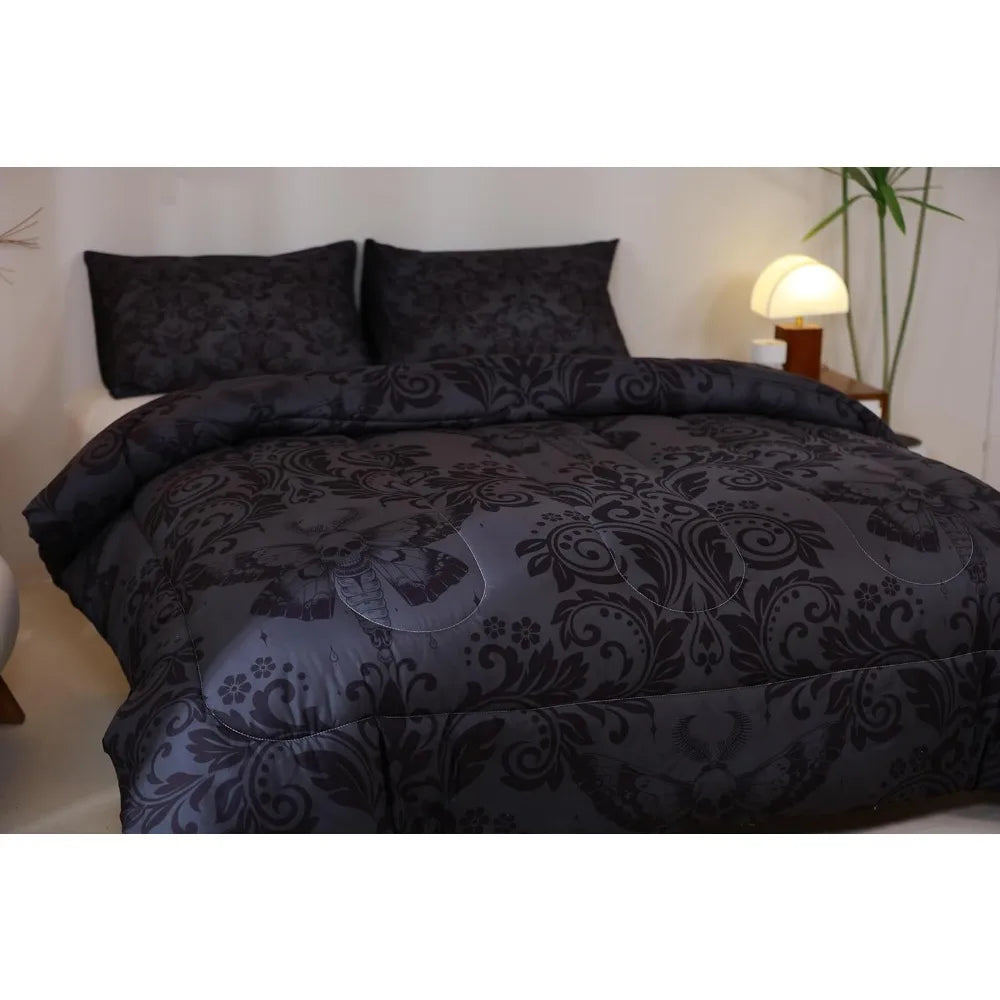 Adults Gothic Comforter Set King Size Dark Olive Green Damask Comforter Death Moth Bohemia Boho Bedding Set Goth Skull