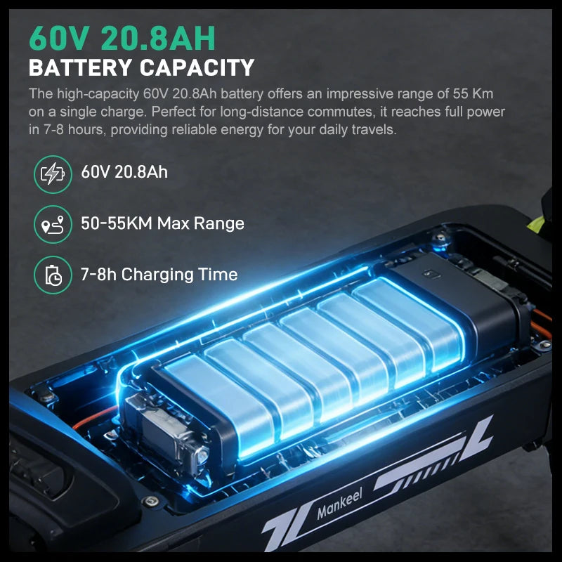 1200W Dual Motor Electric Scooter. 60V 21Ah Long-Range High Performance E-Scooter with Dual Suspension