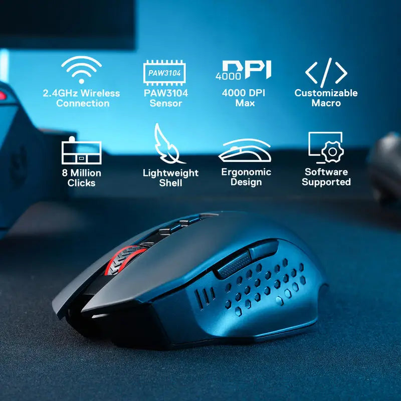 Redragon M656 Gainer Wireless Gaming Mouse, 4000 DPI 2.4GHz Ergonomic Optical Mouse with Programmable Buttons for PC, Laptop & Mac