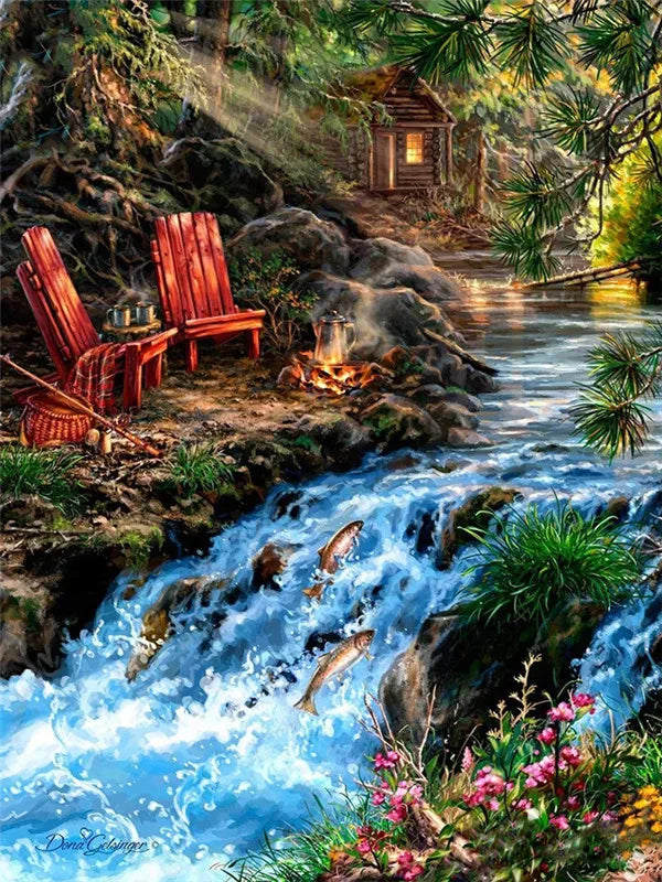 DIY Paint by Numbers Mountain Waterfall Landscape Canvas Kit. Adult & Kids Acrylic Painting Craft Home Wall Decor Gift