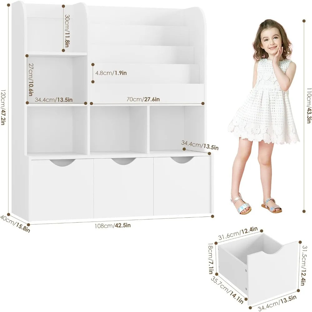 47'' Kids Bookcase and Bookshelf, Multifunctional Bookcase with 5 Storage Cubbies and 3 Movable Drawers, Toy Storager Display S