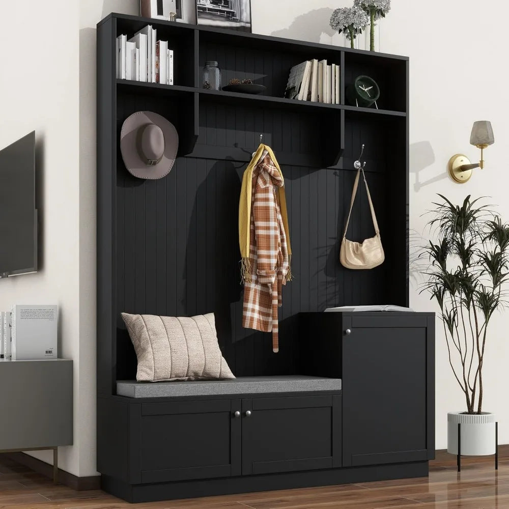 Hall Tree with Soft Cushion Storage Bench,Functional Hallway Shoe Cabinet with 3 Shelves and Coat Rack w/3 Hooks for Entryways,