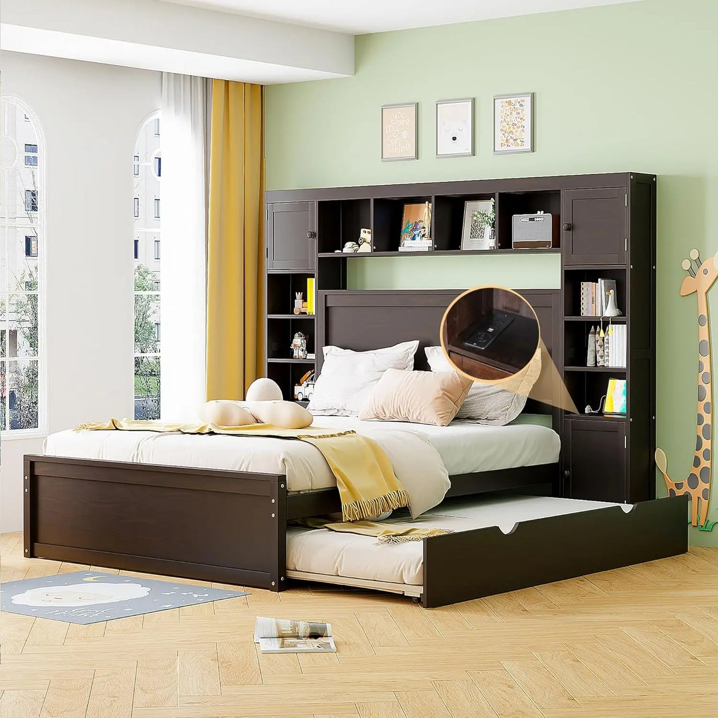 Storage Bed with Bookcase Headboard Platform Bed with Trundle and 2 Storage Drawers Solid Wood Bed Frame with Cabinet and Shelf