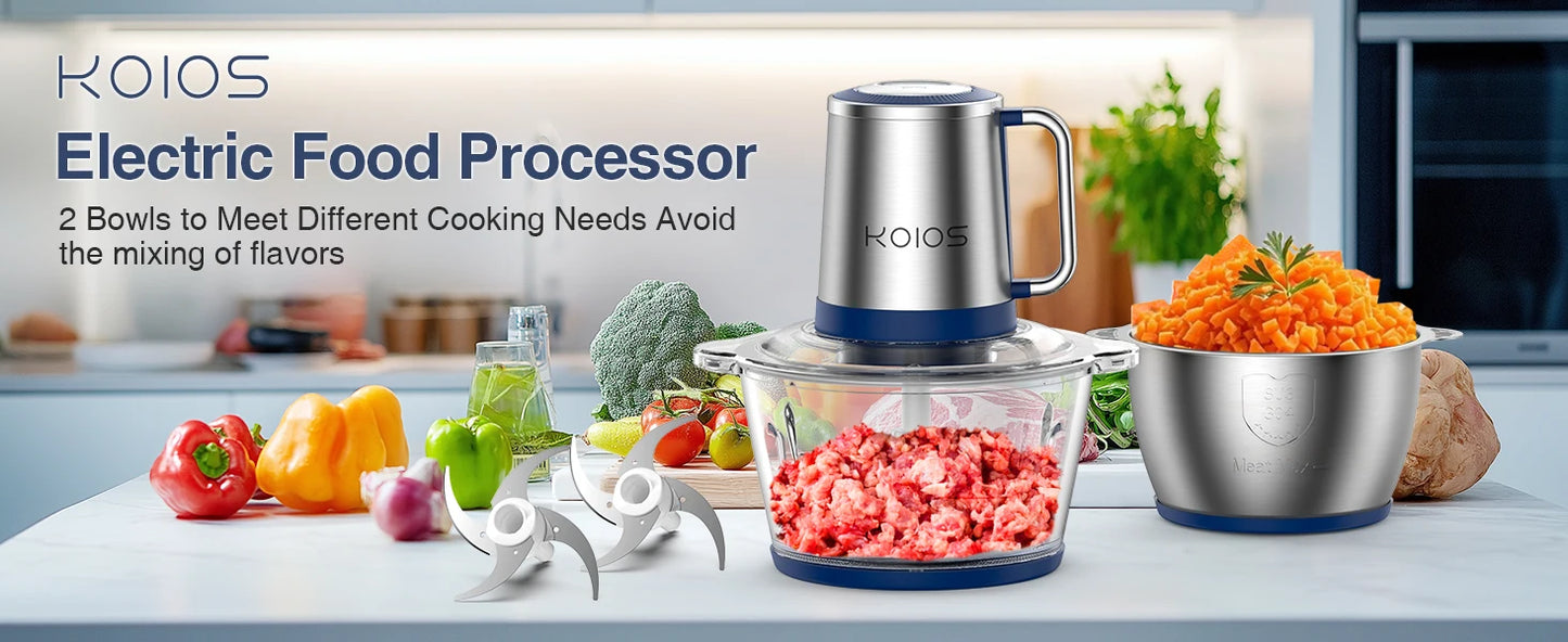 Electric Food Processor, 2-Speed Food Chopper Meat Grinder with 8Cup Stainless Steel &8Cup Glass Bowls for home kitchen