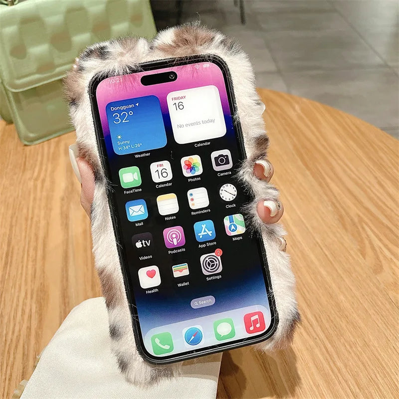 Cute Plush Bunny Leopard Print iPhone Case . Soft Furry Protective Cover, Cozy Cartoon Style