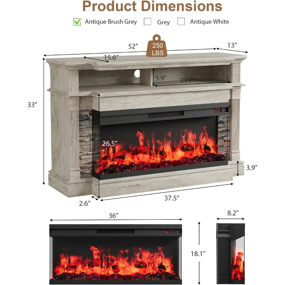 Fireplace TV Stand for TVs up to 65", Farmhouse 52"Fireplace Entertainment Center with 36" 3-Side Glass Electric Fireplace, TV C