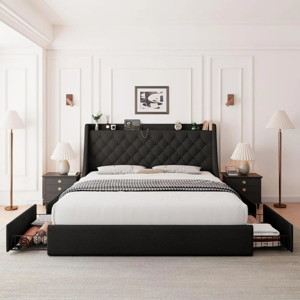 "black full-size bed with wingback headboard and storage drawers"