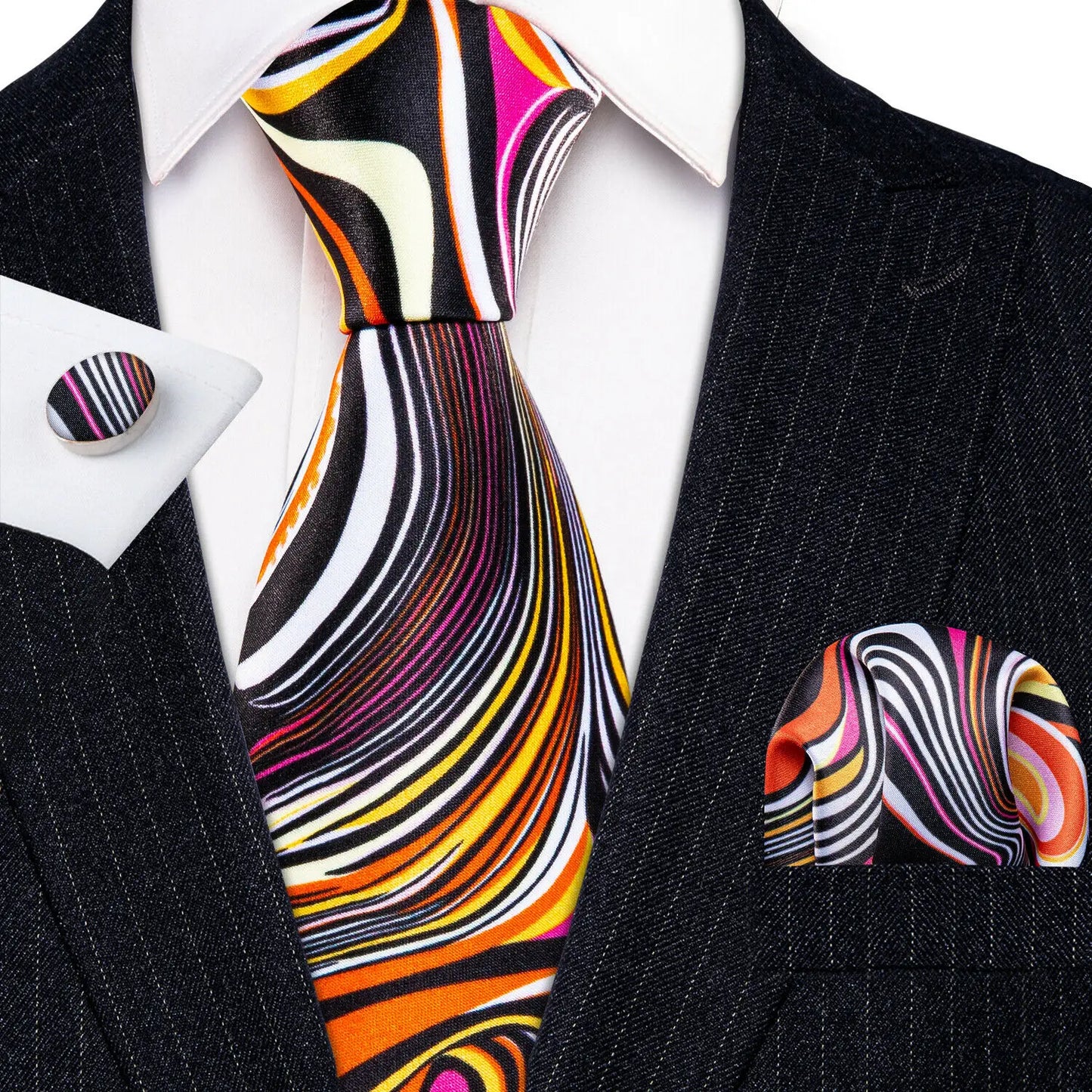 Luxury Designer Silk Tie Set for Men,  Necktie, Pocket Square & Cufflinks for Weddings, Business & Formal Events