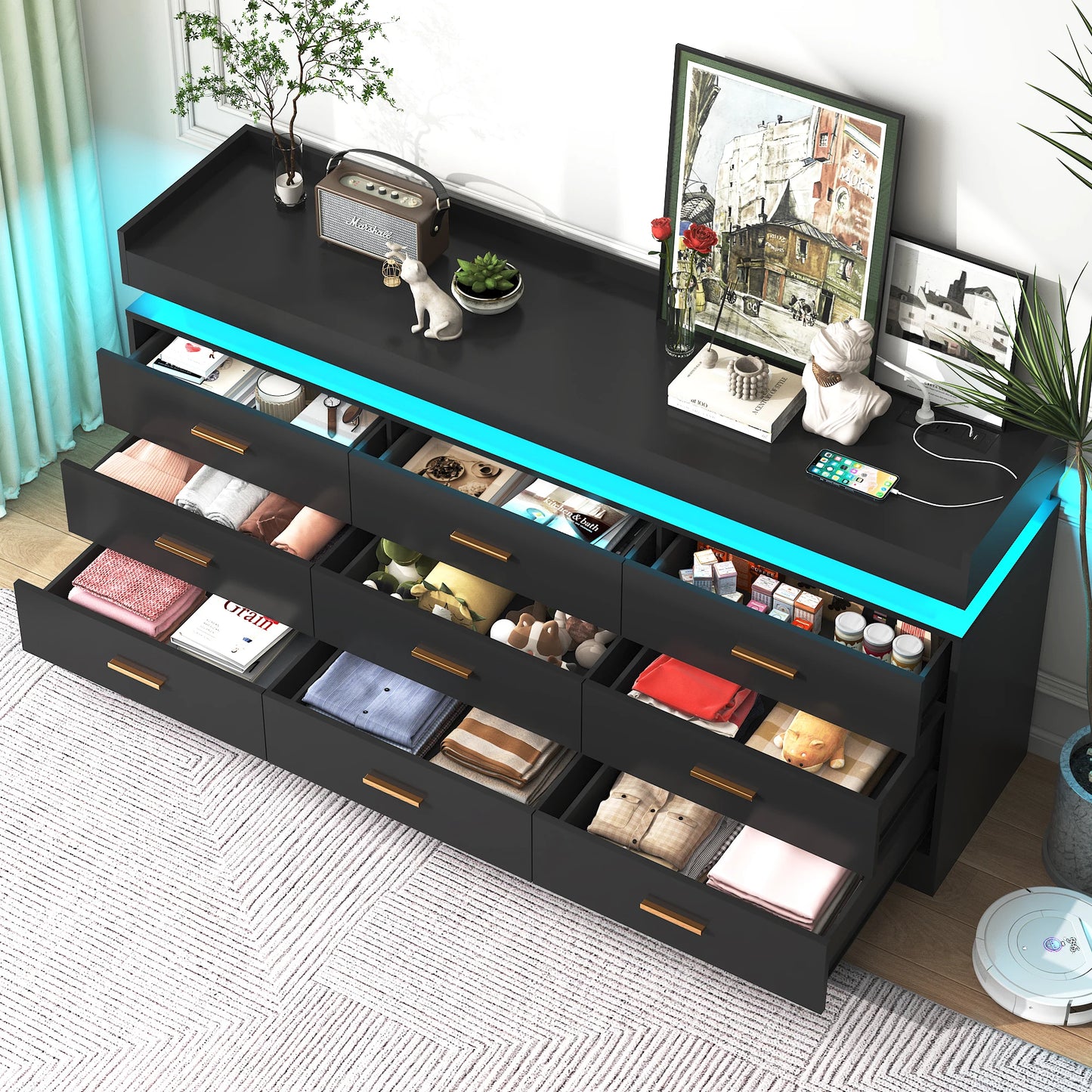 9 Drawer Dresser with LED Light and Charging Station, Modern Chest of Drawers for Closet, Wide Drawer Organizer Cabinet