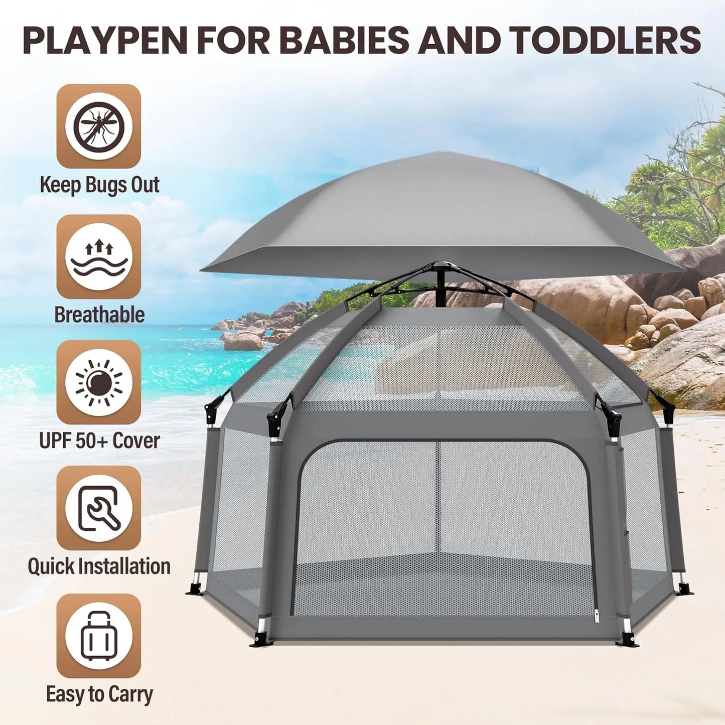 Baby Playpen with Self-Inflating Play Mat & Travel Bag, Portable Outdoor Playpen for Babies and Toddlers,Pop Up Play Tent (Grey)