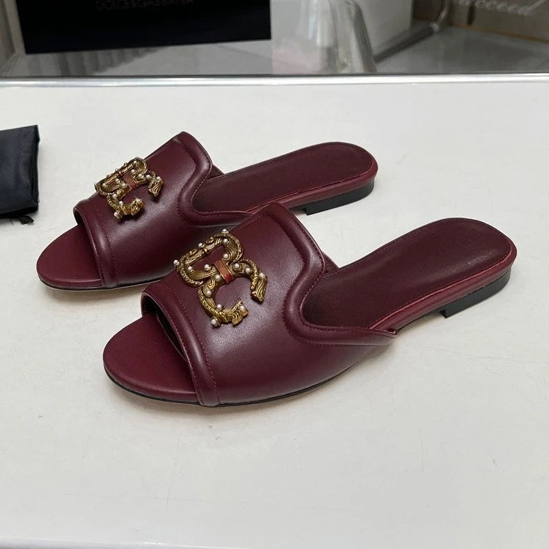 Women’s Genuine Leather Metal Accent Slide Sandals .Luxury European Style Slip-On Flats  Description: