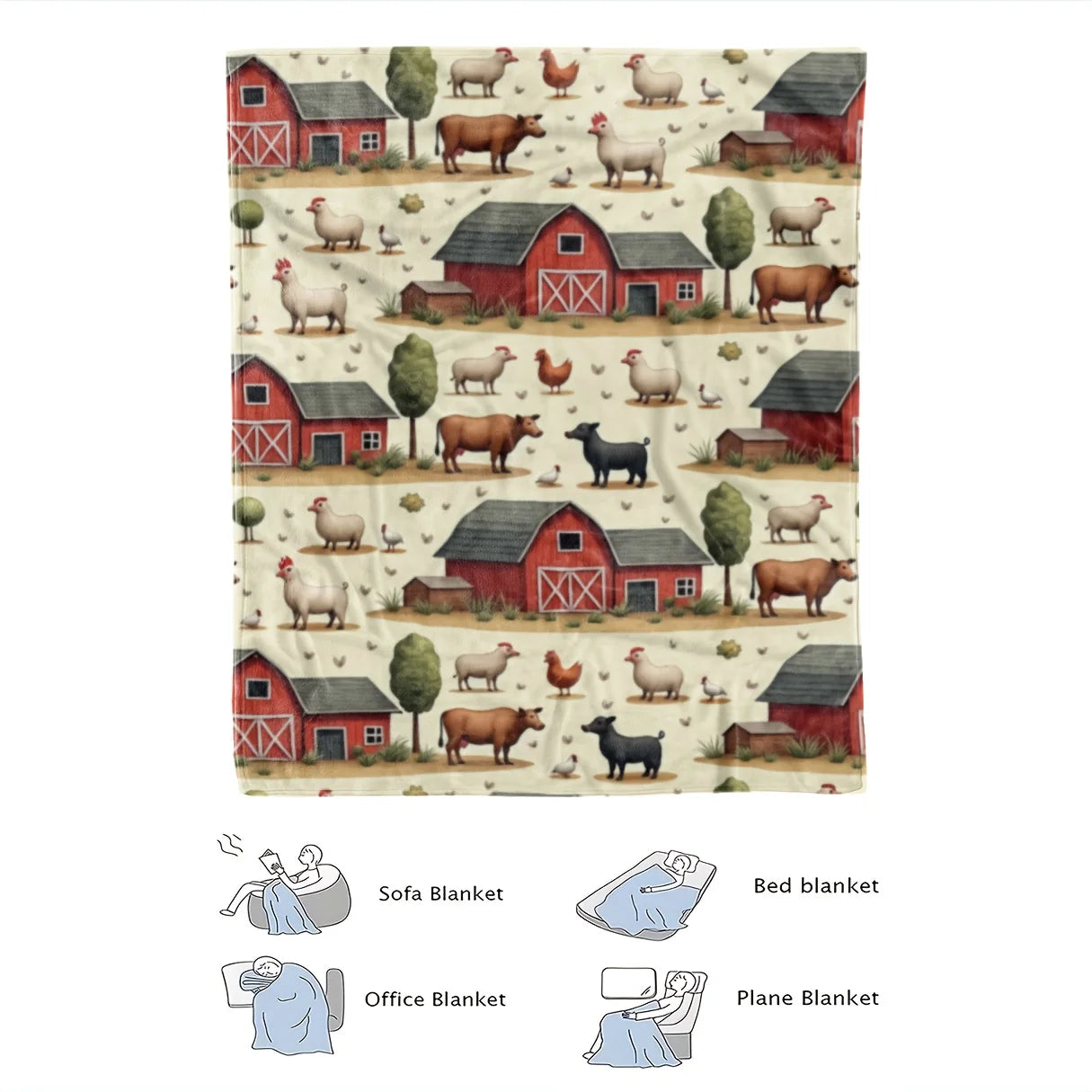 Farmhouse Country Animal Throw Blanket. Cozy Rustic Barn Print Flannel Blanket