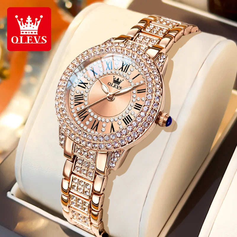OLEVS Luxury Women’s Waterproof Chronograph Watch. Rose Gold Crystal Fashion Timepiece