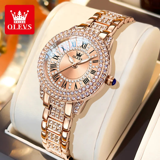 OLEVS Luxury Women’s Waterproof Chronograph Watch. Rose Gold Crystal Fashion Timepiece