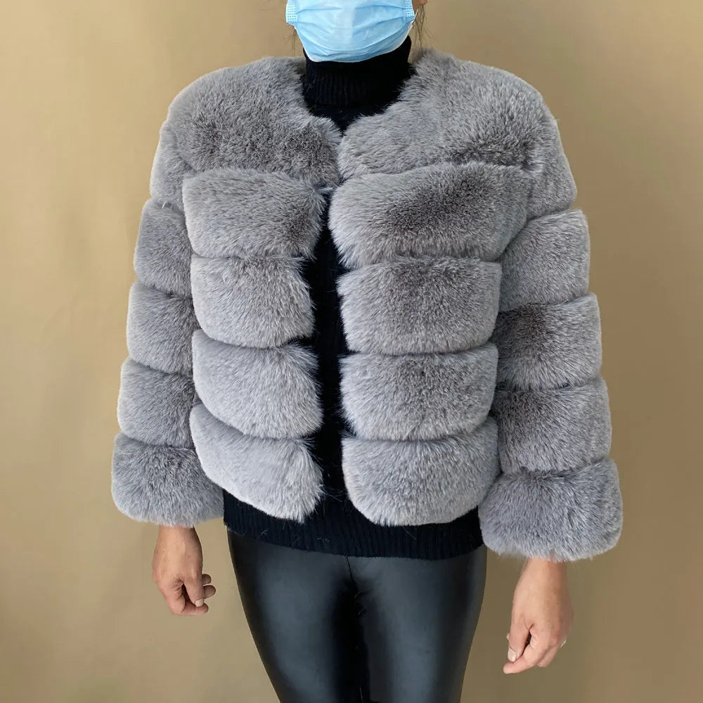 Women's Faux Fur Jacket . Plush Cropped Winter Coat with High Collar