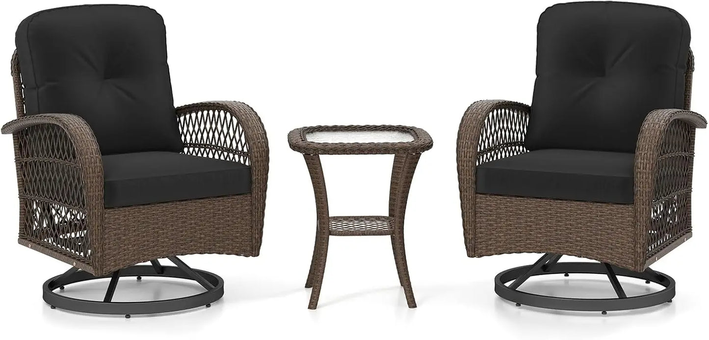 3 Pieces Wicker 360° Swivel Rocker Set Patio Furniture, Rocking Chairs with Cushions, Tempered Glass Coffee Table, Outdoor Ratt
