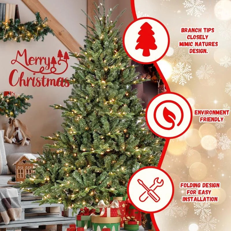 7FT Premium Pre-Lit Christmas Tree with 750 LED Lights, 2,257 PE/PVC Branch Tips & Wide Base