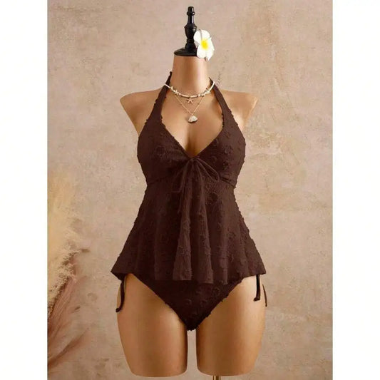 Women’s Halter Neck Swim Dress | Lace Texture One-Piece Swimsuit with Tummy Control
