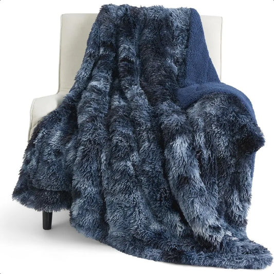 GentleSoft Fluffy Navy Blue Throw Blanket Tie Dye Blue Decor Navy Gifts for Men Soft Cozy Fuzzy Plush Minky Thick Warm Sherpa F