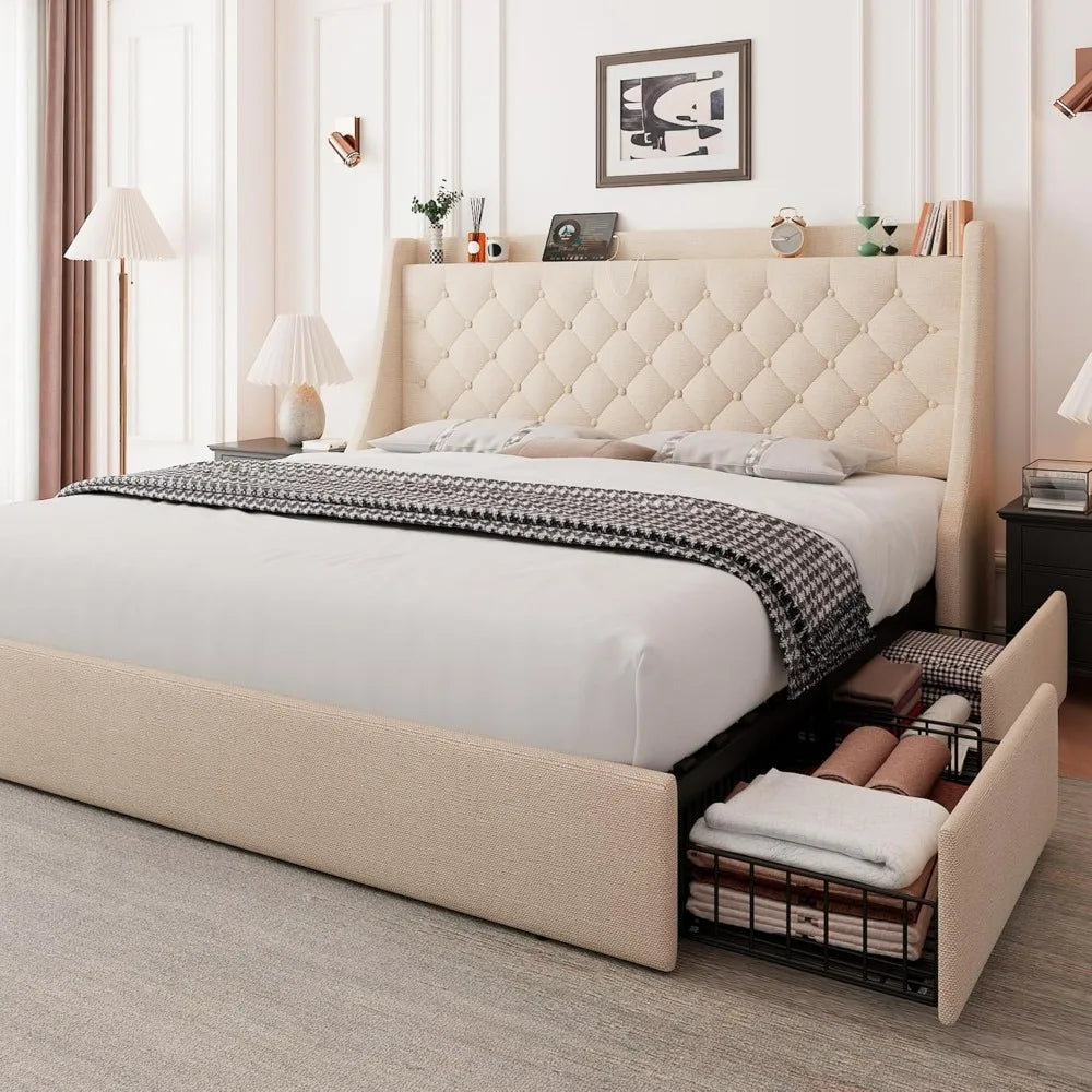 Feonase King-Size Upholstered Bed Frame with Four Storage Drawers, Wingback Headboard, and Charging Station