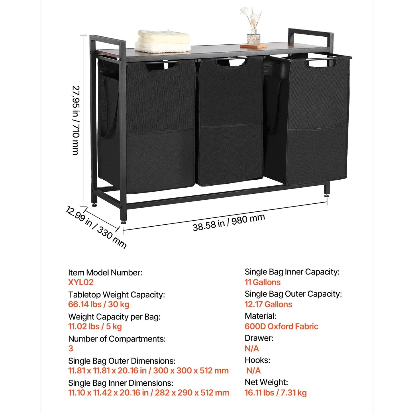 3-Section Laundry Sorter with Storage Shelf. Rolling Laundry Organizer