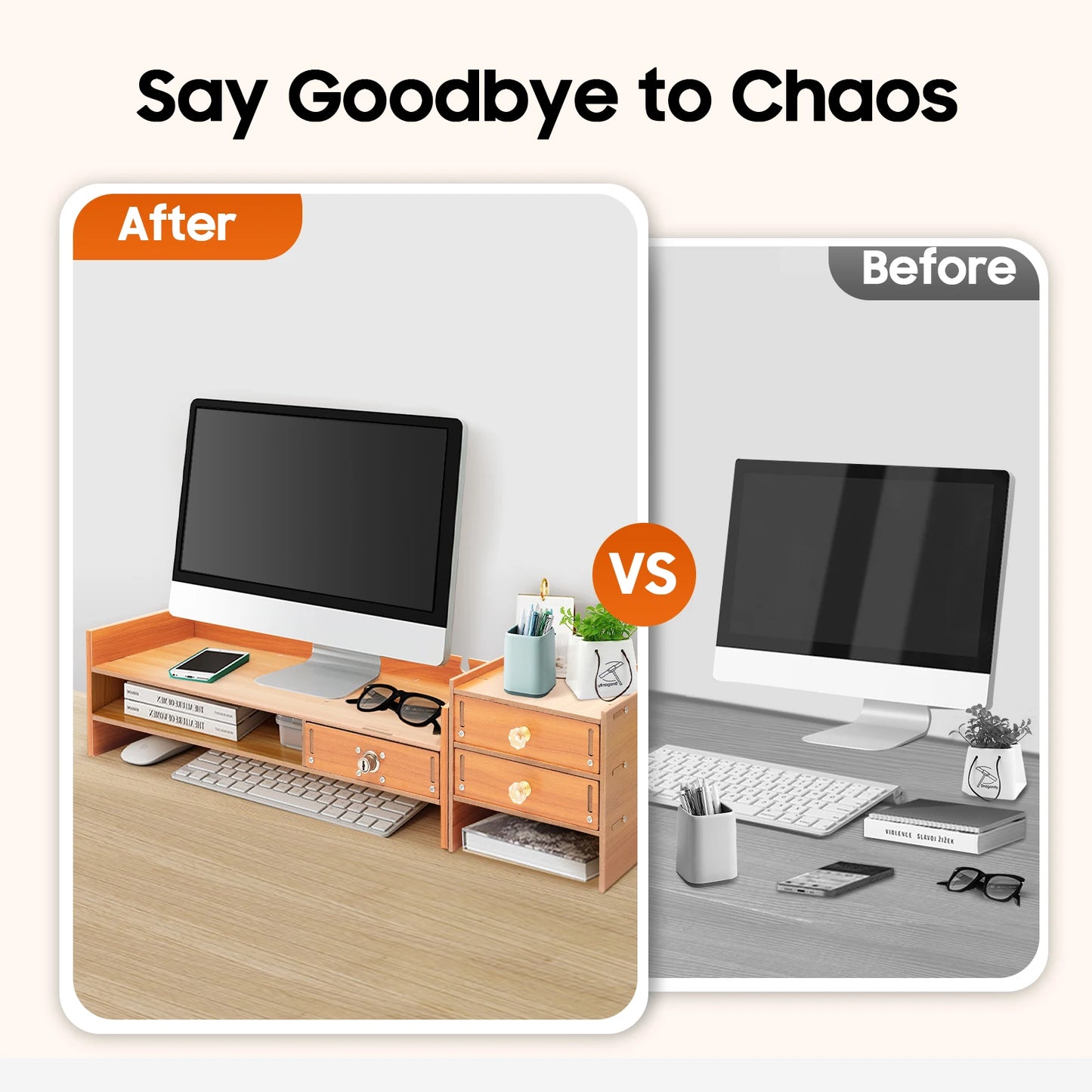 Computer Monitor Stand with Storage Drawers, Wooden Desktop Monitor Riser & Laptop Stand Organizer for Home Office