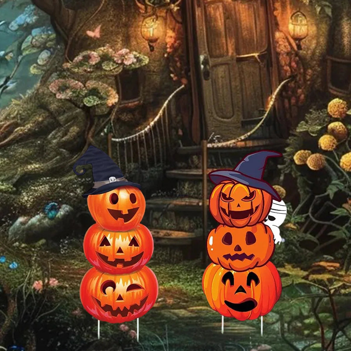 Halloween Pumpkin Stack Yard Signs With Witch Hats Set Of 2