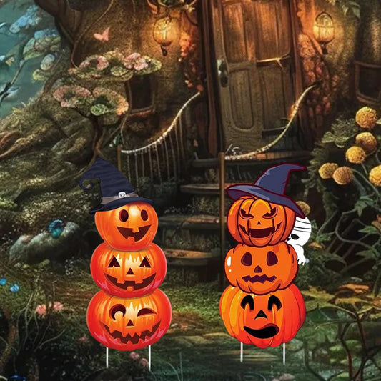 Halloween Pumpkin Stack Yard Signs With Witch Hats Set Of 2