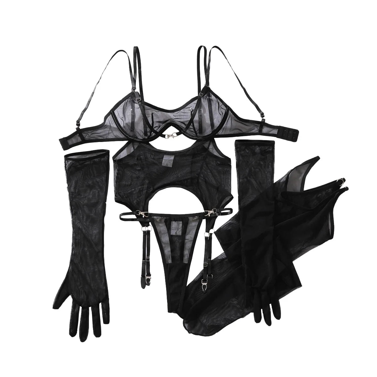 Women's Black Mesh Lingerie Set.  Sheer Bra, Thong & Garter Belt with Stockings
