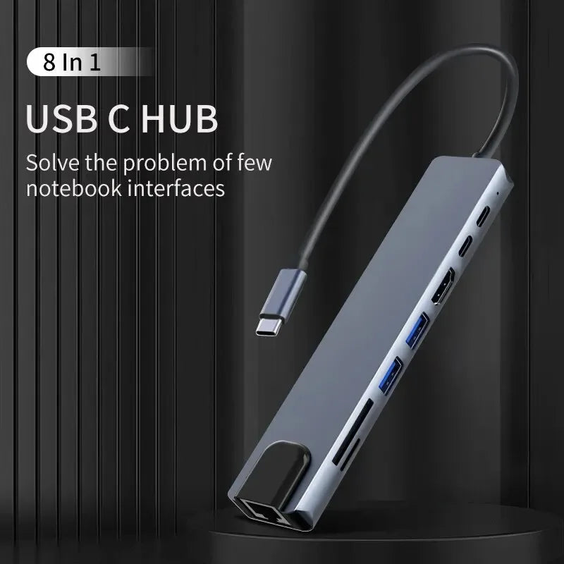 8-in-1 USB-C Hub Adapter with 4K HDMI, RJ45 Ethernet, SD/TF Card Reader & Fast Charging