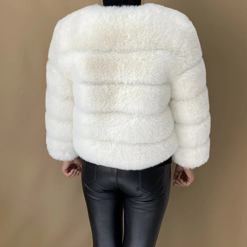 Women's Faux Fur Jacket . Plush Cropped Winter Coat with High Collar