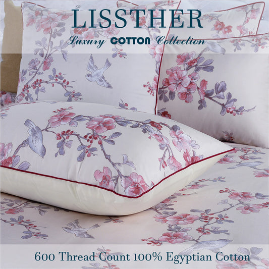 3pcs 600 TC 100% Egyptian Cotton Duvet Cover Set (Without Core),  Vintage Bird and Watercolor Floral , Soft And Skin-friendly