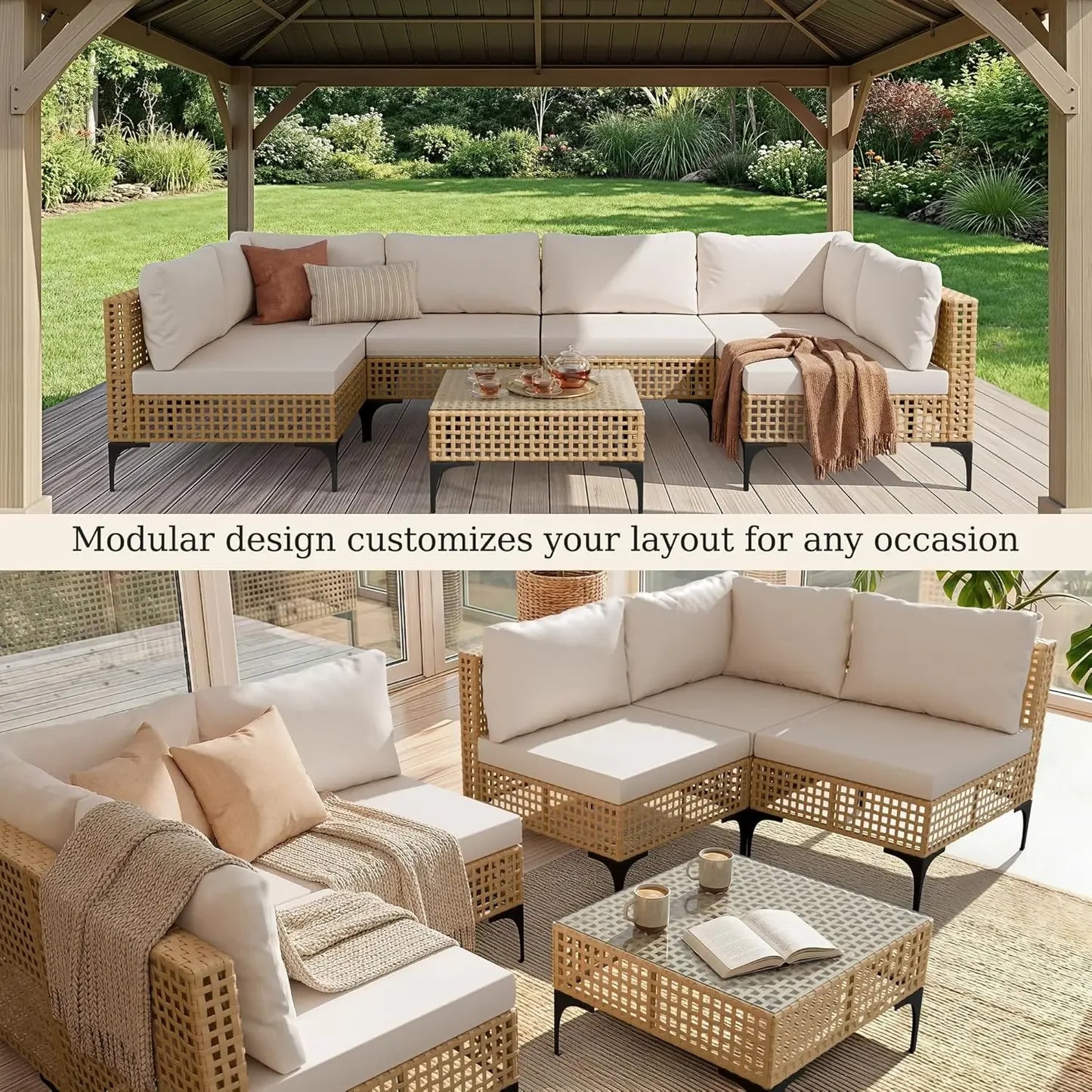Devoko 7 Piece Outdoor Wicker Sectional Patio Furniture Set with Cushioned Seating