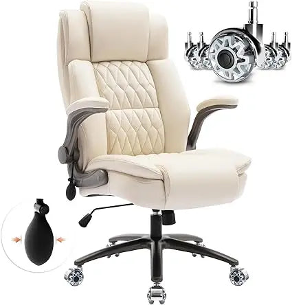 Large High Back Office Chair - Adjustable Lumbar Support Flip Up Arms Heavy Duty Quiet Wheels Metal Base Breathable Bonded Leath