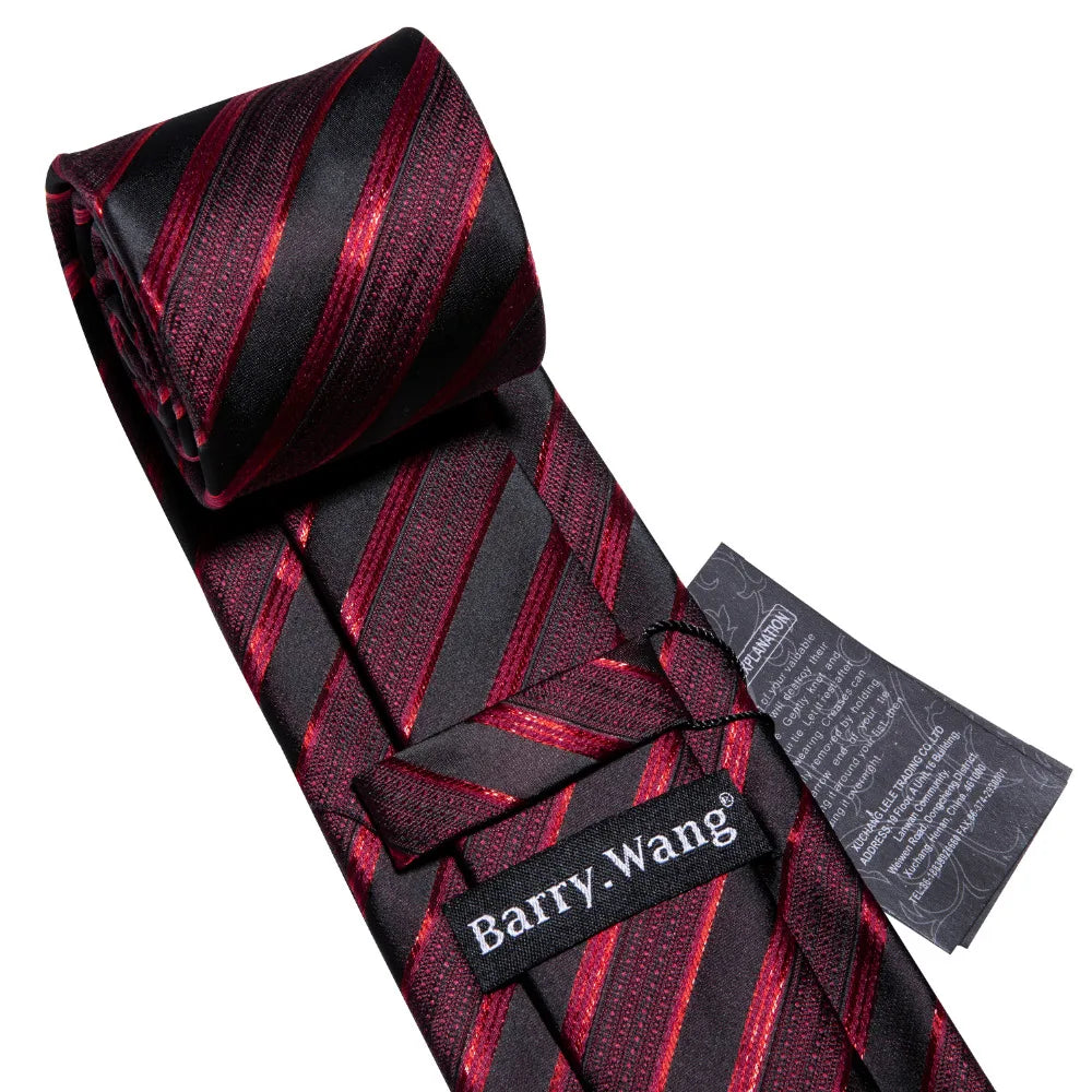 Men’s Luxury Red Striped Necktie Set. Silk Tie, Pocket Square & Cufflinks for Business, Wedding & Formal Wear