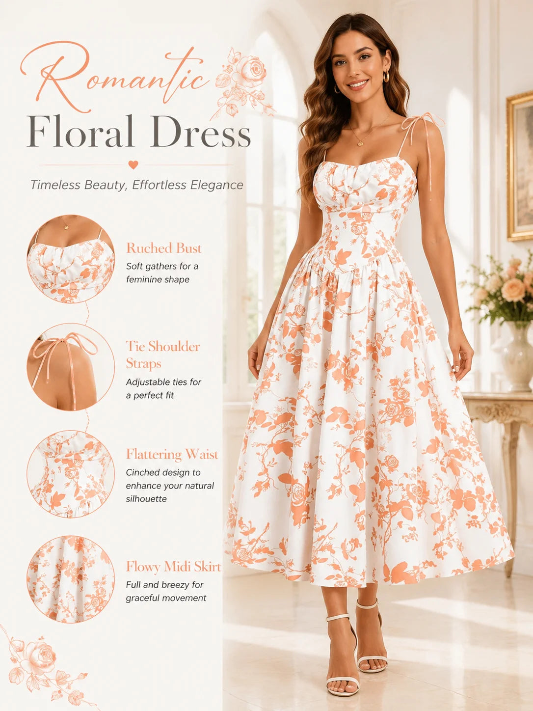 Women’s Floral Tie Shoulder Midi Dress | Square Neck Smocked Back A-Line Summer Sundress