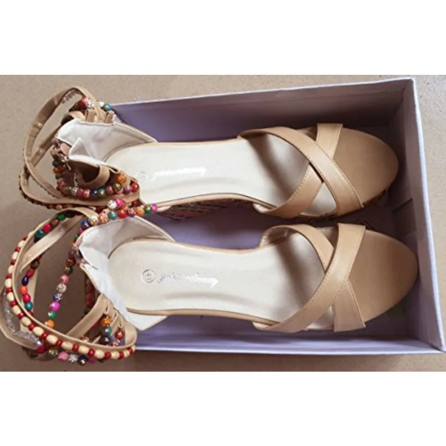 getmorebeauty Women's Wedge Sandals With Pearls Across The Top Platform Sandals High Heels