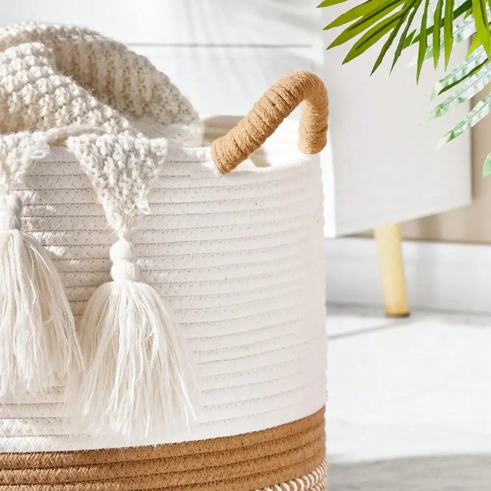 Large Woven Cotton Rope Storage Basket for Blankets & Laundry