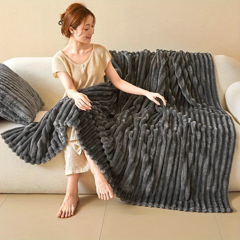 Cozy Striped Velour Blanket – Ultra Soft Warm Ribbed Plush Throw, Ideal for Sofa, Nap, Office, Travel, All Season Use, Machine Washable