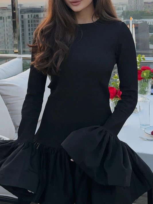 Elegant Women s Long Sleeve Knit Dress with Ruffles Hem and Round Neckline Perfect for Fall and Winter Casual Wear
