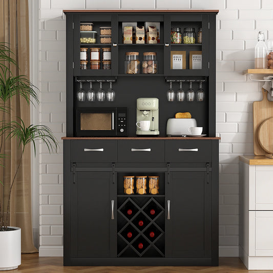 VOWNER 72" Tall Farmhouse Bar Cabinet with Sliding Barn Doors, Kitchen Pantry Storage Cabinet with Wine & Glass Racks