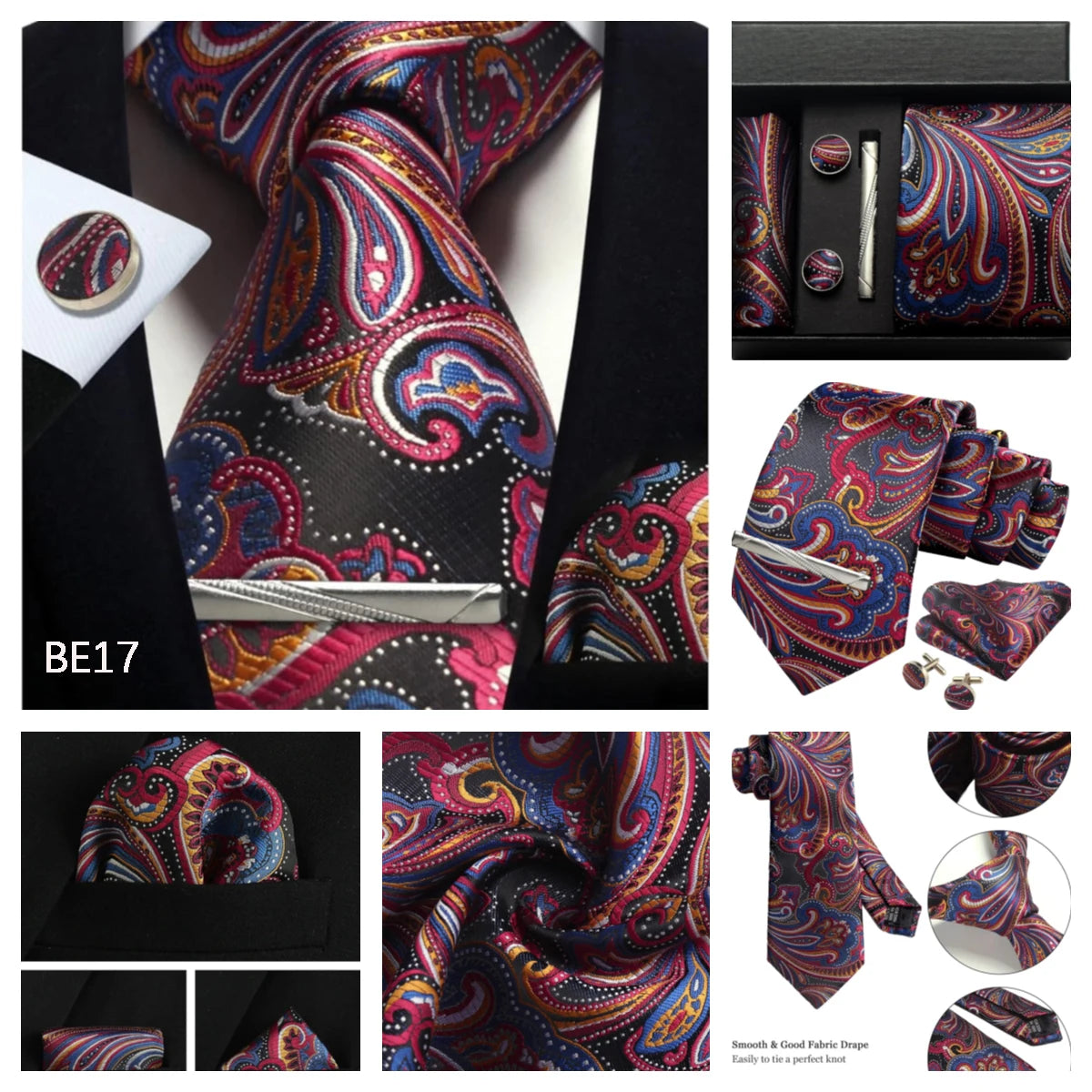 Luxury 100% Silk Paisley Floral Men’s Necktie Set | Business Tie with Matching Pocket Square & Formal Accessories